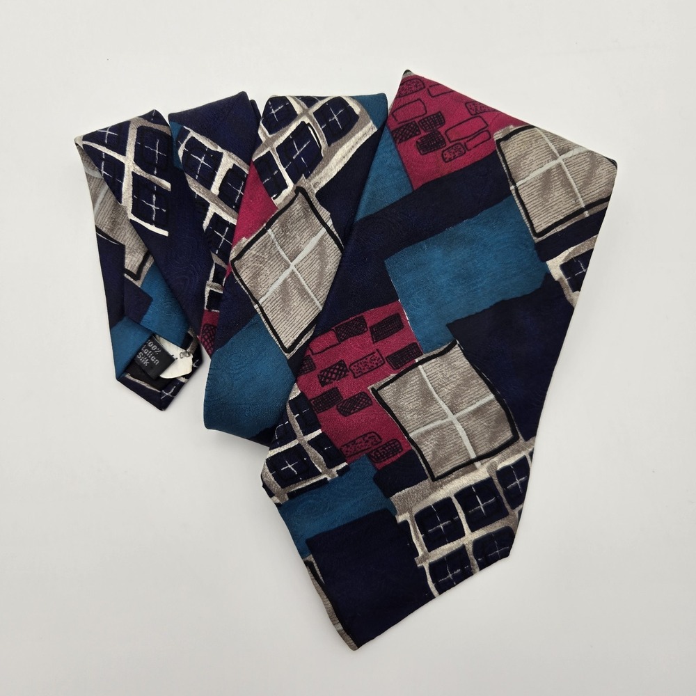 Bugatti Silk Neck Tie Mens Vintage Abstract Geometric Blue Red Dress Tie‎